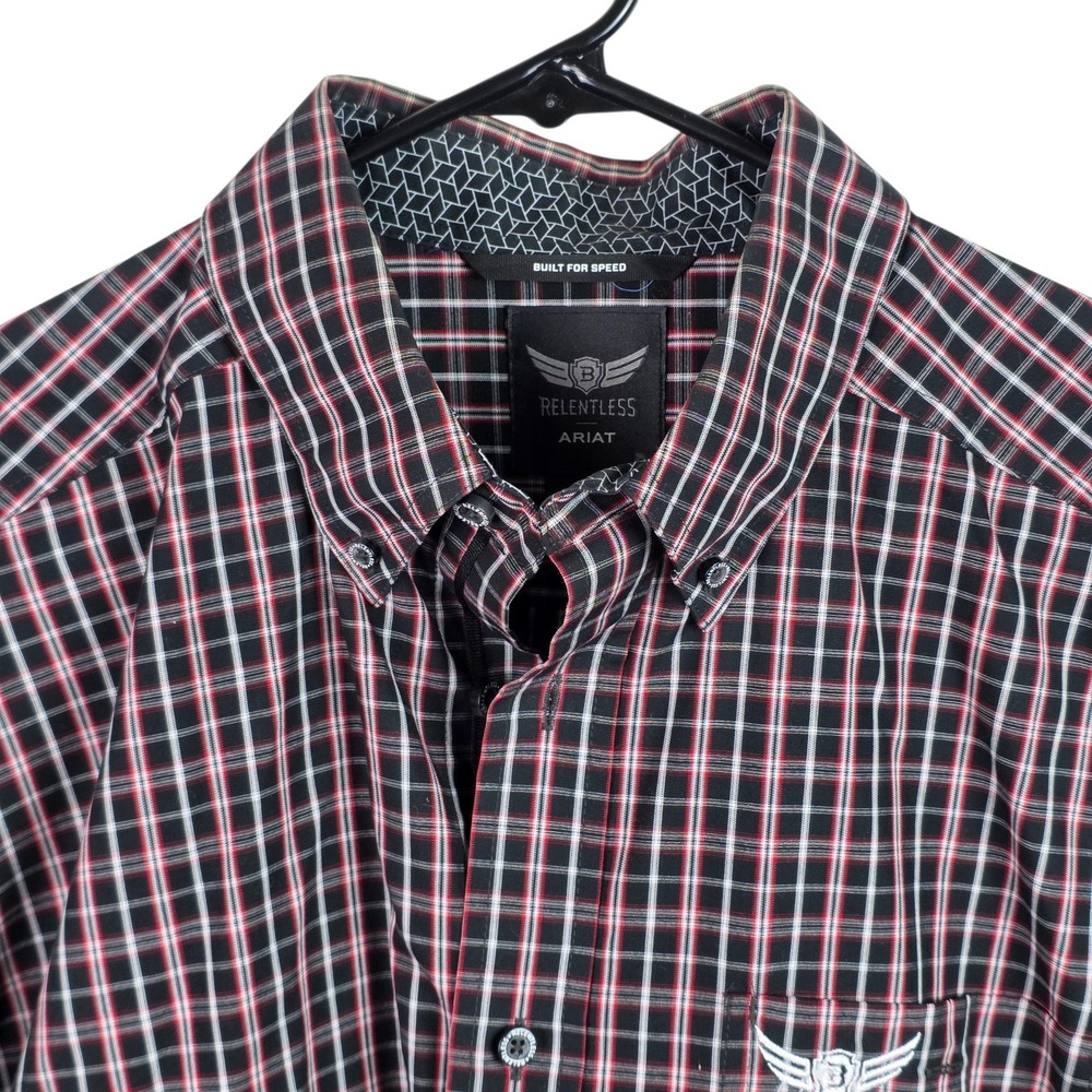 Ariat Relentless Button Down Shirt Mens Large Black Red Plaid Good Logo Cotton